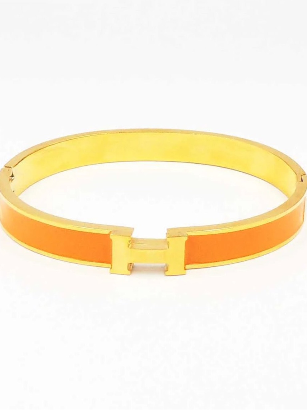 Enamel H Cuff Bracelet in Coral orange and Gold